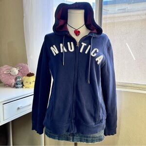 Nautica lettering zip up navy y2k hoodie with striped red lining size M